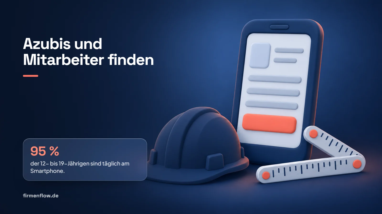 Titelbild mit drei Glaskarten und 3D-Symbolen: 93 Bewerber auf 100 betriebliche Ausbildungsstellen 2024/25, 95 Prozent der 12- bis 19-Jährigen täglich am Smartphone, was findet ein Bewerber über dich