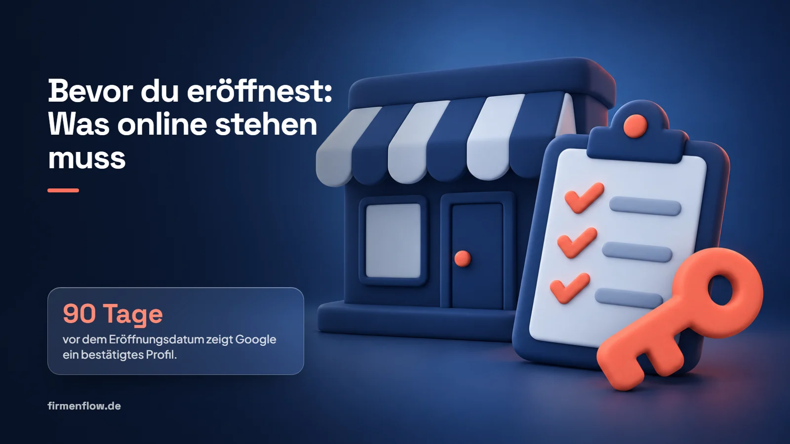 Drei Karten: Domain auf deinen Namen, denn bei .de-Adressen steht sie dem eingetragenen Inhaber zu. 90 Tage vor dem Eröffnungsdatum zeigt Google ein bestätigtes Profil. Bewertungen ab der Eröffnung, vorher lässt Google keine Rezensionen zu.