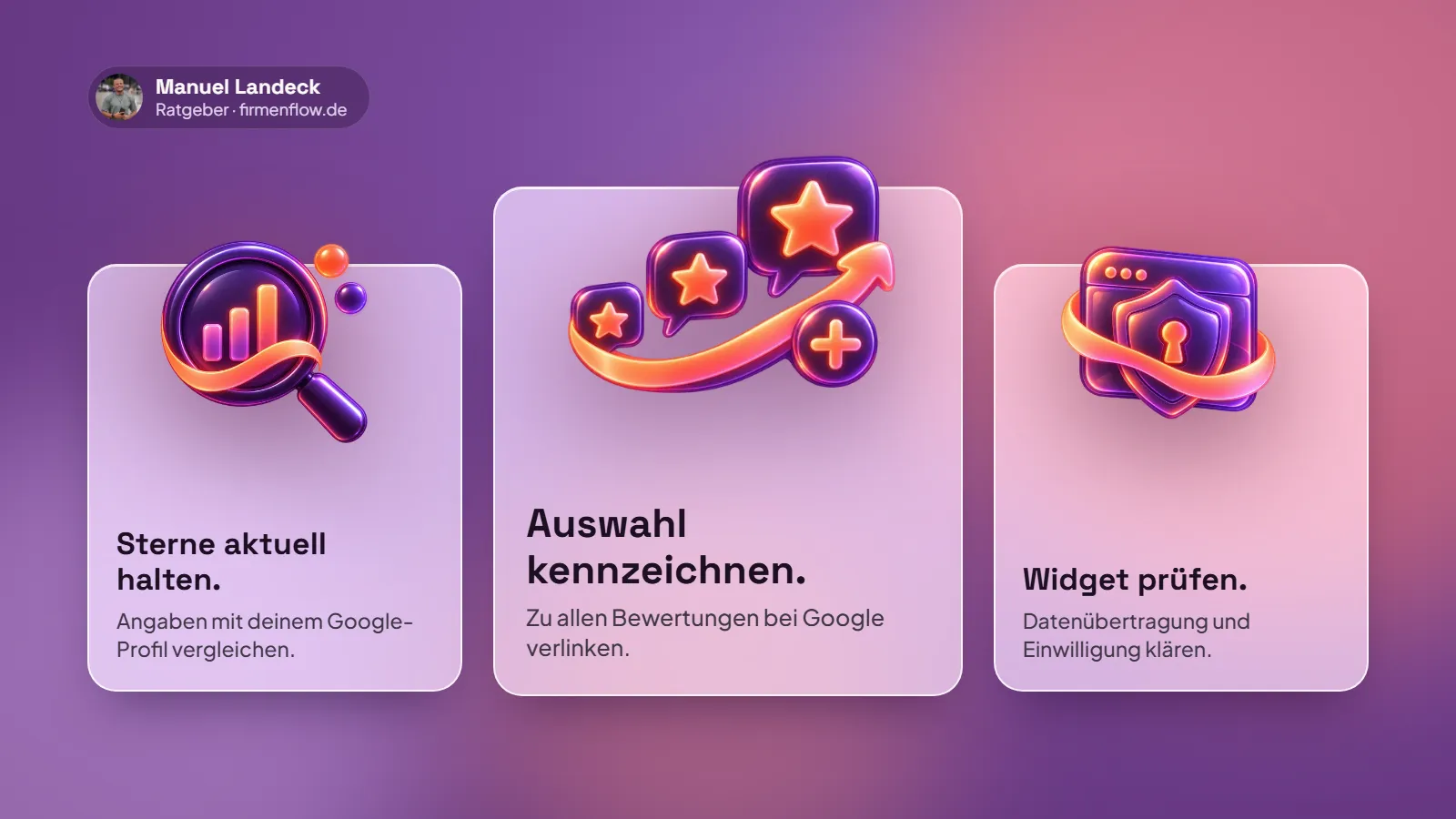 Drei Glaskarten mit 3D-Symbolen: Sterne aktuell halten, die Auswahl kennzeichnen und beim Bewertungs-Widget den Datenschutz prüfen.