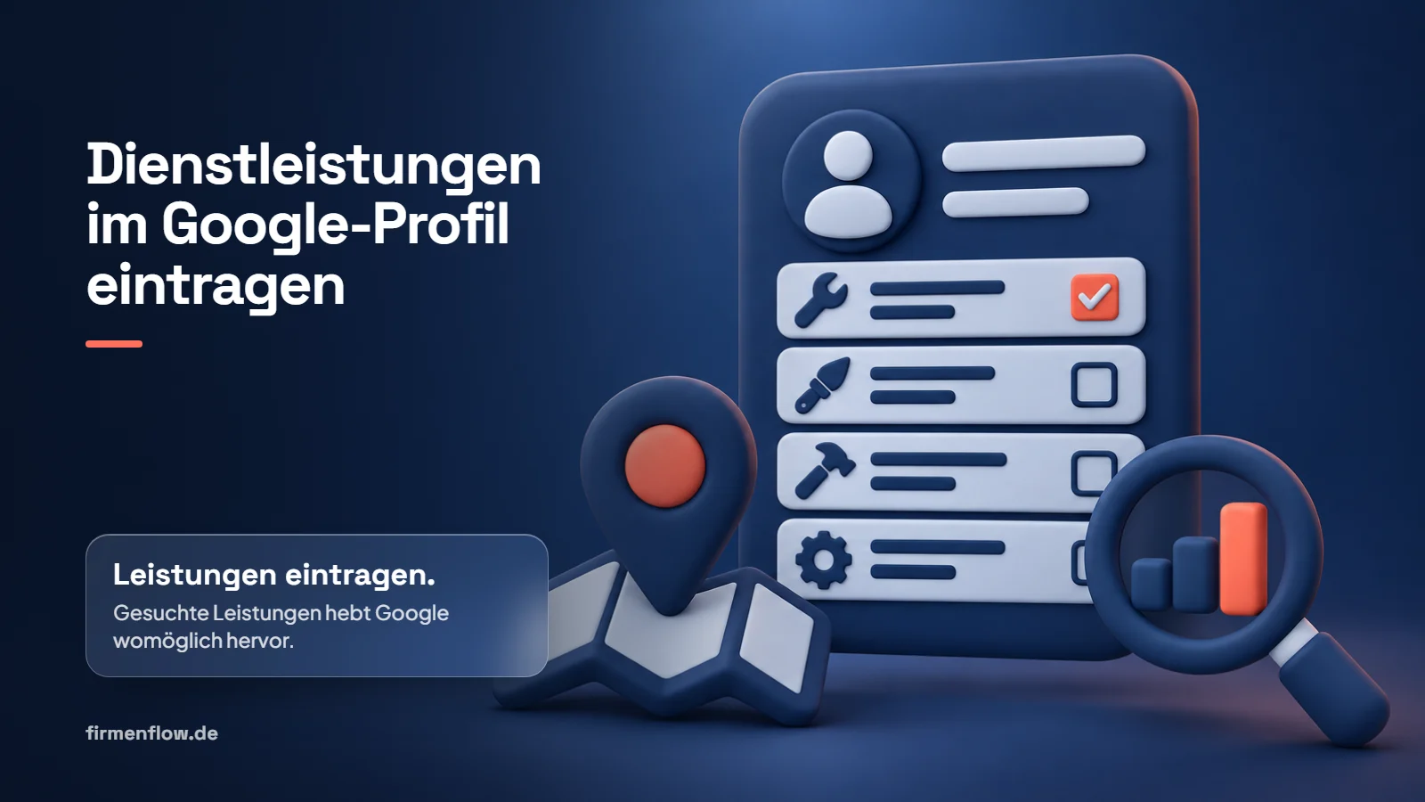 Drei Karten: Kategorie plus Leistungen, die Kategorie sagt, was du bist, die Leistungen, was man buchen kann. Leistungen eintragen, gesuchte Leistungen hebt Google womöglich hervor. Kein Preis im Leistungsnamen, denn eigene Leistungen mit Preis oder Telefonnummer im Namen lehnt Google ab.