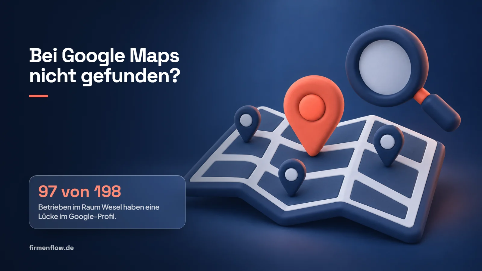 Titelbild mit drei Glaskarten und 3D-Symbolen: 3 Faktoren entscheiden laut Google, 97 von 198 Betrieben im Raum Wesel haben eine Lücke im Google-Profil, 26 Bewertungen im Median