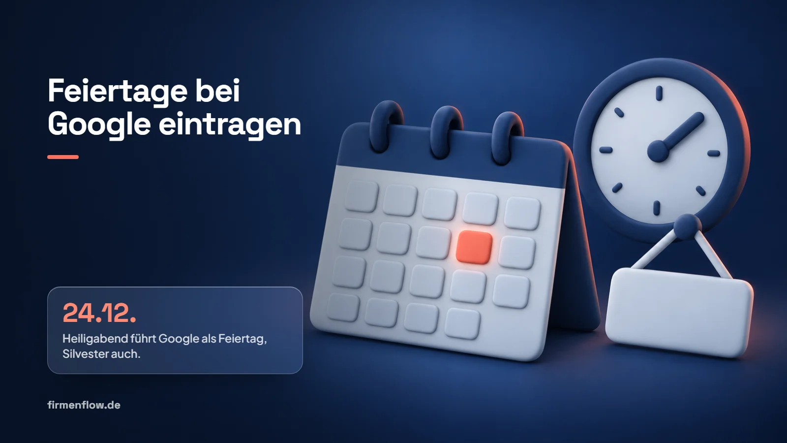 Drei Karten: Feiertage bei Google bestätigen, auch wenn du ganz normal offen hast. Heiligabend am 24.12. führt Google als Feiertag, Silvester auch. Bis zu sechs Tage am Stück zu: spezielle Öffnungszeiten, länger: vorübergehend geschlossen.
