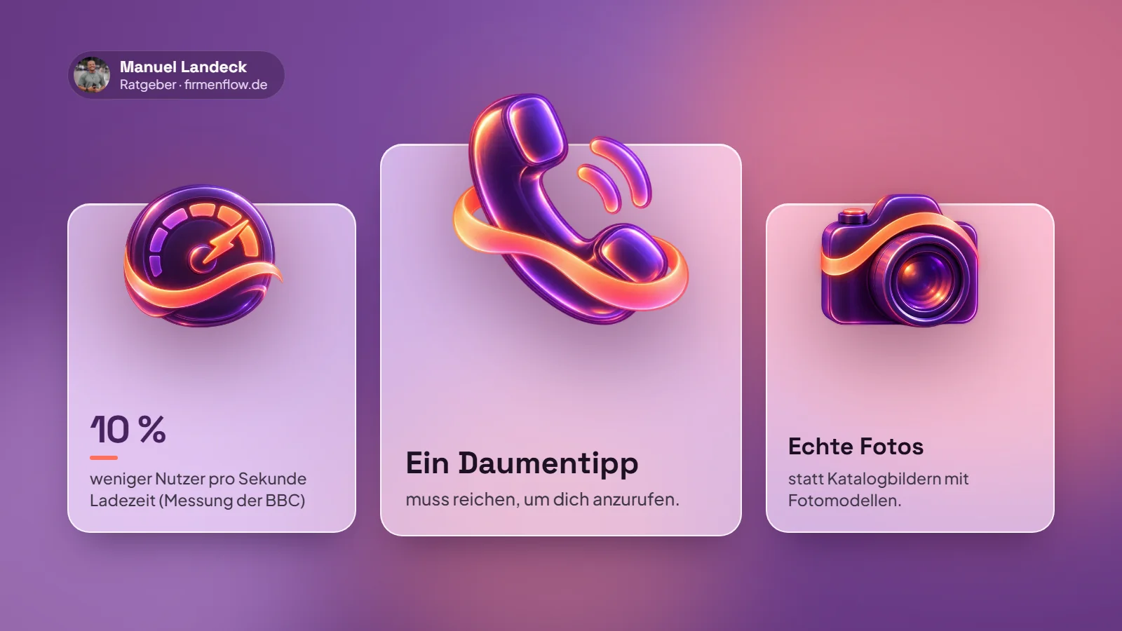 Titelbild mit drei Glaskarten und 3D-Symbolen: 10 Prozent weniger Nutzer pro Sekunde Ladezeit (Messung der BBC), ein Daumentipp muss zum Anrufen reichen, echte Fotos statt Katalogbildern