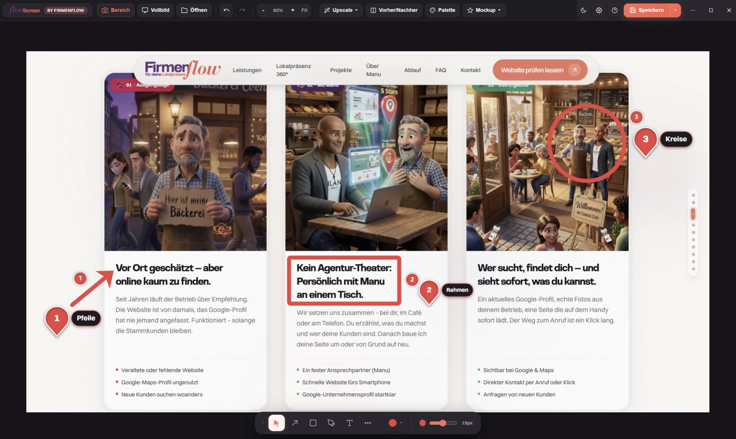 FlowScreen Editor mit Pfeil-, Rahmen- und Kreis-Markierungen plus Schrittzähler
