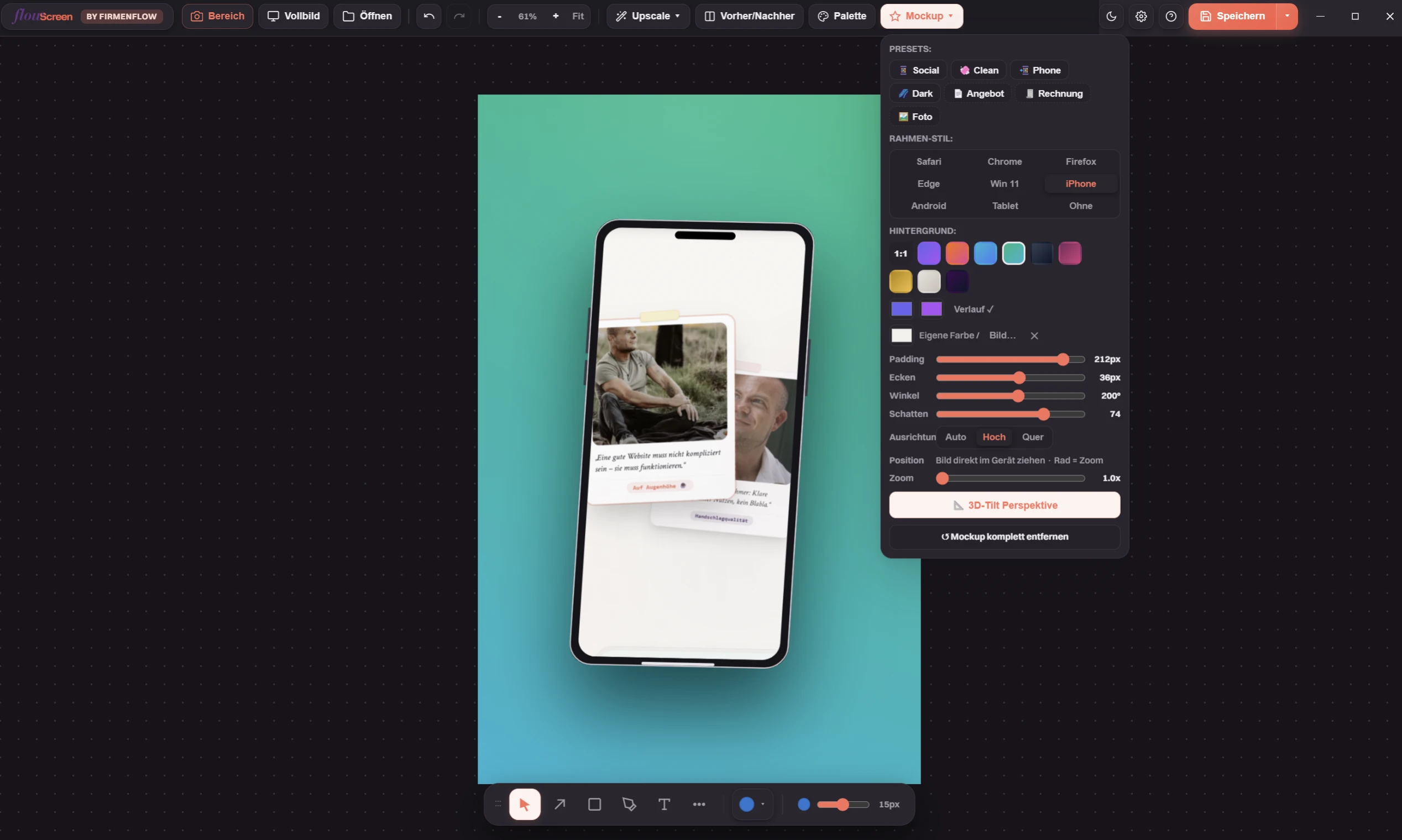 FlowScreen Benutzeroberfläche und Mockup-Editor