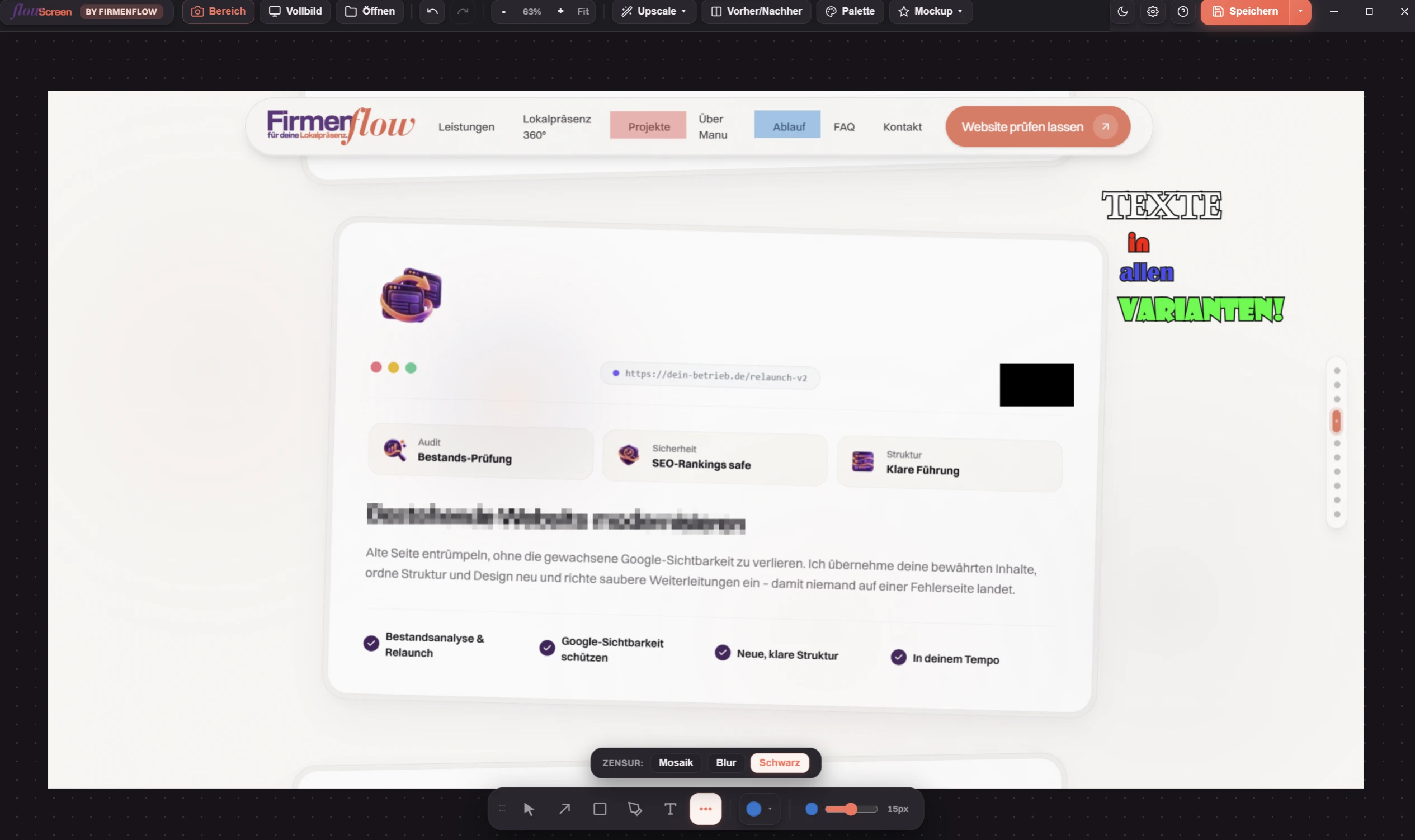 FlowScreen Zensur mit Mosaik, Blur und Schwarz plus Text-Annotationen