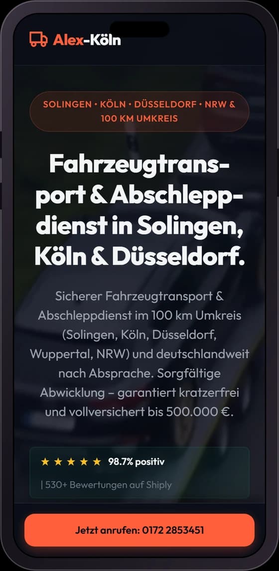 Startseite von Autotransport Alex, Köln und NRW auf dem Handy