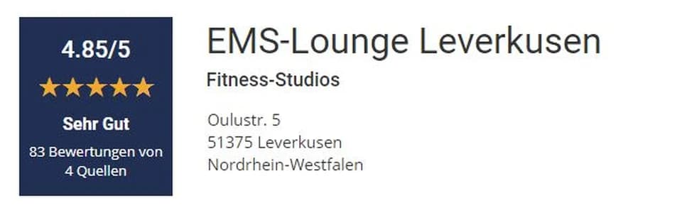Ausschnitt aus dem Bewertungsportal yably: EMS-Lounge Leverkusen, 4,85 von 5, Sehr gut, 83 Bewertungen von 4 Quellen