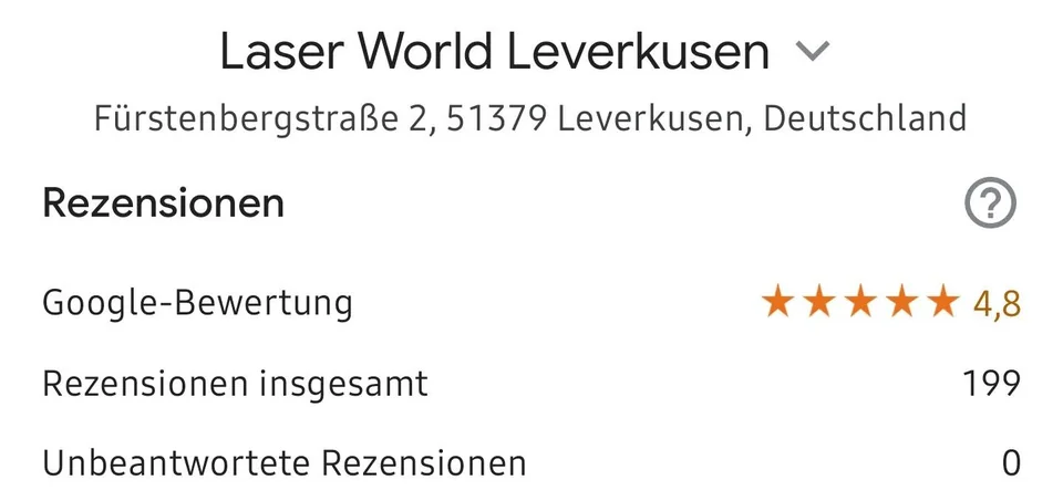 Screenshot aus dem Google-Unternehmensprofil der Laser World Leverkusen: Google-Bewertung 4,8, 199 Rezensionen insgesamt, 0 unbeantwortete Rezensionen